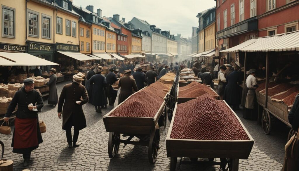 En hektisk dag på en kaffemarknad under 1800-talet.